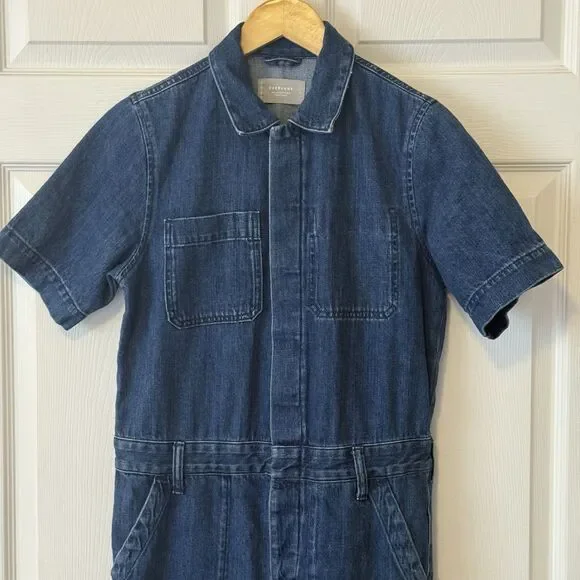 Everlane Super-Soft Coverall Blue Denim Jumpsuit Raw Hem Organic Cotton Size 4 - Picture 7 of 15